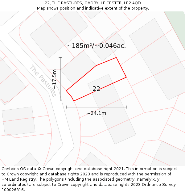 22, THE PASTURES, OADBY, LEICESTER, LE2 4QD: Plot and title map