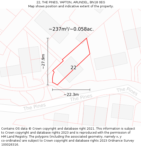 22, THE PINES, YAPTON, ARUNDEL, BN18 0EG: Plot and title map