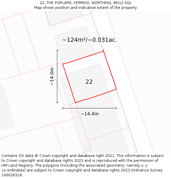22, THE POPLARS, FERRING, WORTHING, BN12 5QL: Plot and title map