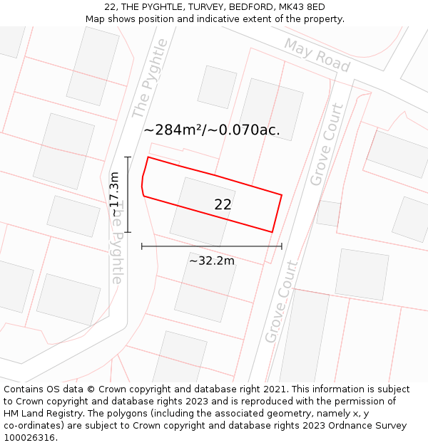 22, THE PYGHTLE, TURVEY, BEDFORD, MK43 8ED: Plot and title map