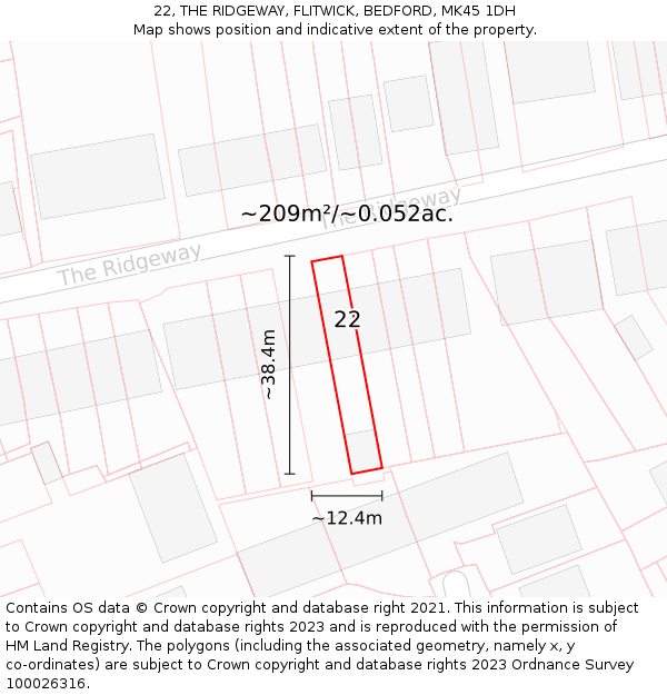 22, THE RIDGEWAY, FLITWICK, BEDFORD, MK45 1DH: Plot and title map