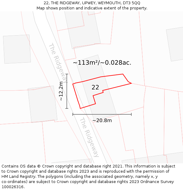 22, THE RIDGEWAY, UPWEY, WEYMOUTH, DT3 5QQ: Plot and title map