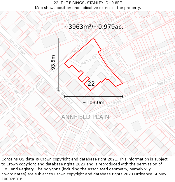 22, THE RIDINGS, STANLEY, DH9 8EE: Plot and title map