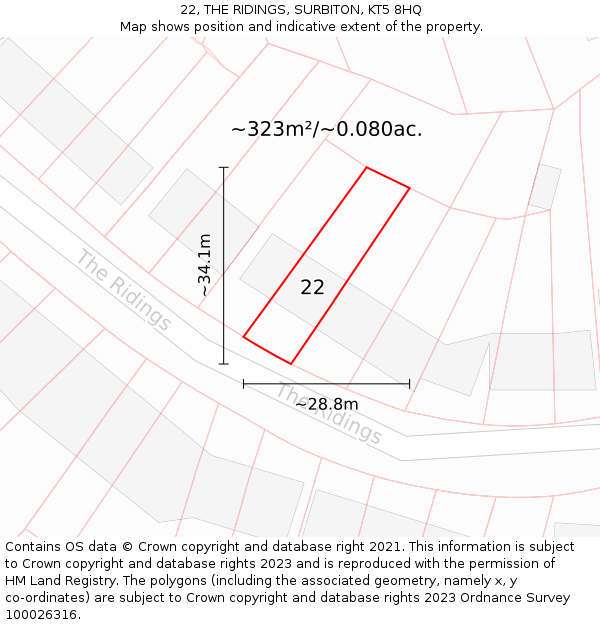 22, THE RIDINGS, SURBITON, KT5 8HQ: Plot and title map