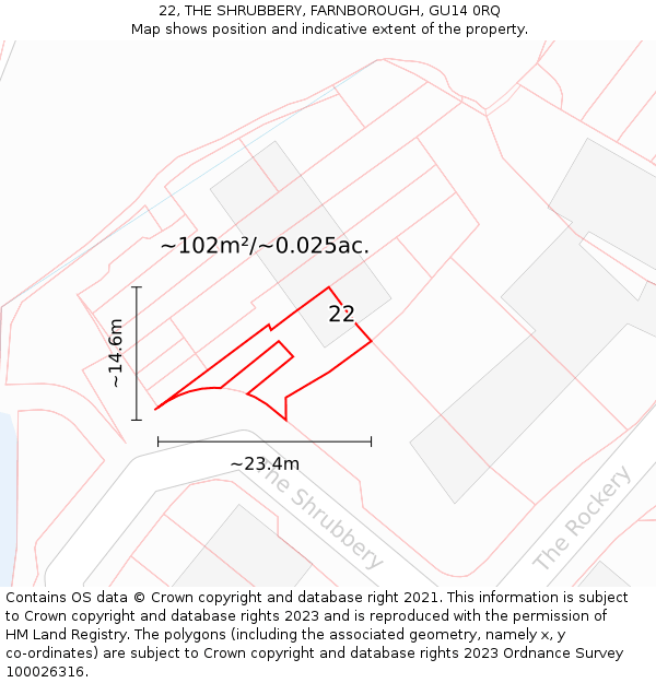 22, THE SHRUBBERY, FARNBOROUGH, GU14 0RQ: Plot and title map