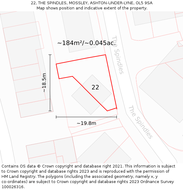 22, THE SPINDLES, MOSSLEY, ASHTON-UNDER-LYNE, OL5 9SA: Plot and title map