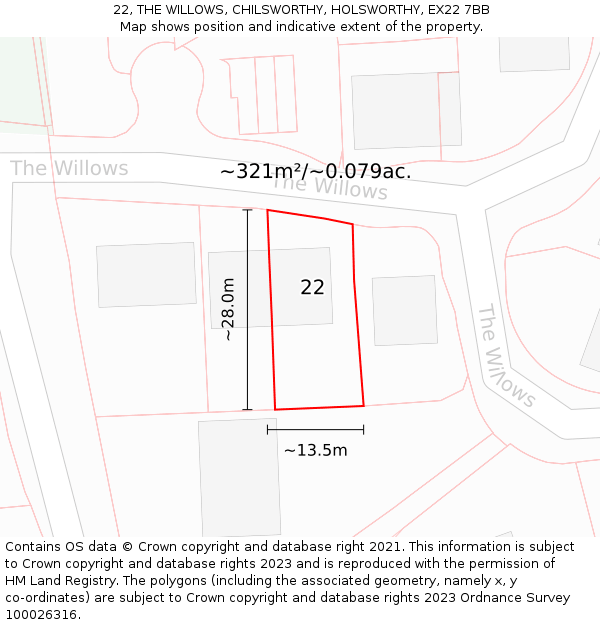 22, THE WILLOWS, CHILSWORTHY, HOLSWORTHY, EX22 7BB: Plot and title map
