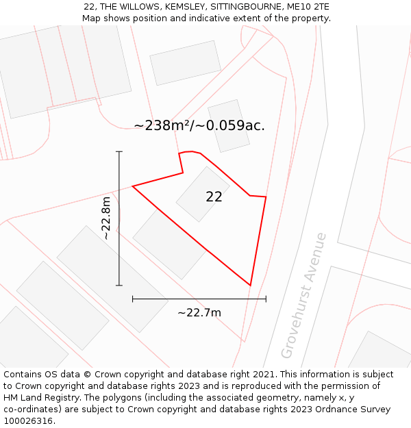 22, THE WILLOWS, KEMSLEY, SITTINGBOURNE, ME10 2TE: Plot and title map