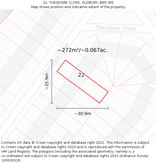22, THEODORE CLOSE, OLDBURY, B69 3EE: Plot and title map