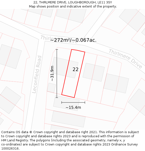 22, THIRLMERE DRIVE, LOUGHBOROUGH, LE11 3SY: Plot and title map