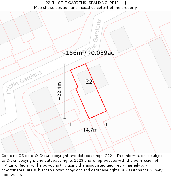 22, THISTLE GARDENS, SPALDING, PE11 1HJ: Plot and title map