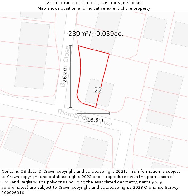 22, THORNBRIDGE CLOSE, RUSHDEN, NN10 9NJ: Plot and title map