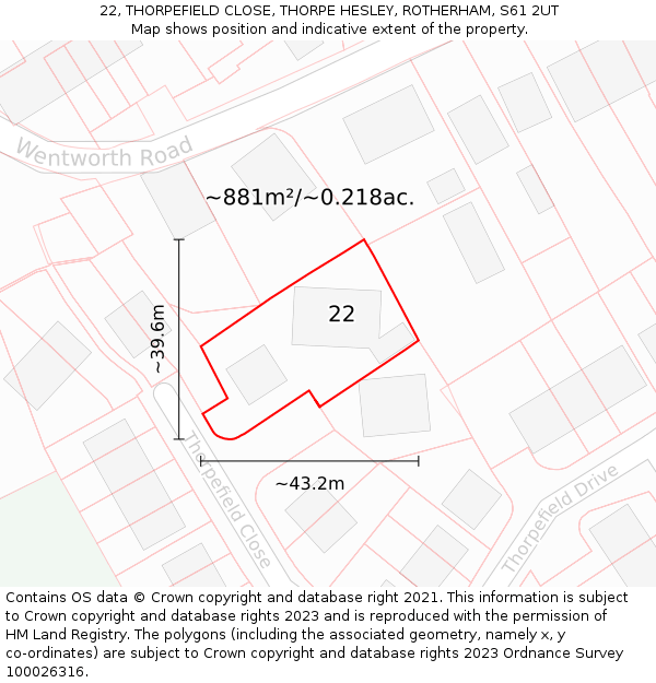 22, THORPEFIELD CLOSE, THORPE HESLEY, ROTHERHAM, S61 2UT: Plot and title map