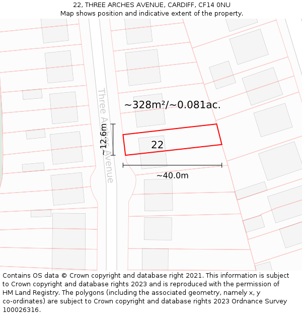 22, THREE ARCHES AVENUE, CARDIFF, CF14 0NU: Plot and title map