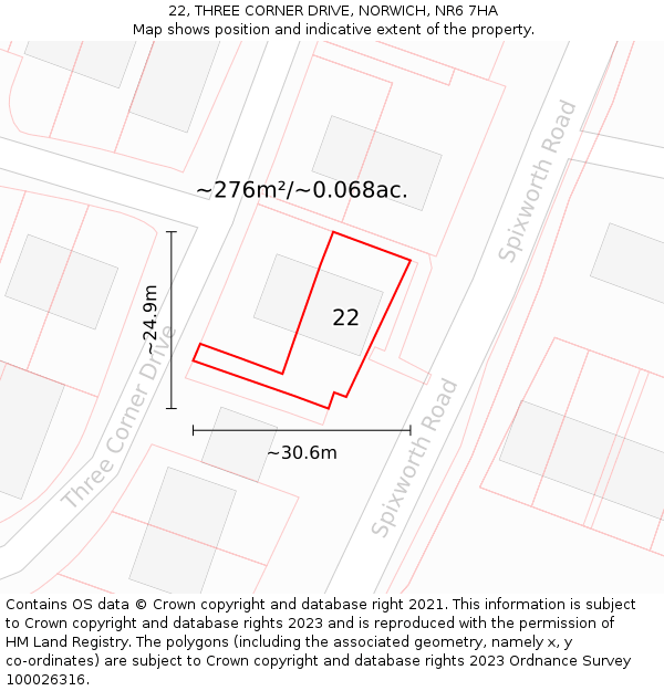 22, THREE CORNER DRIVE, NORWICH, NR6 7HA: Plot and title map