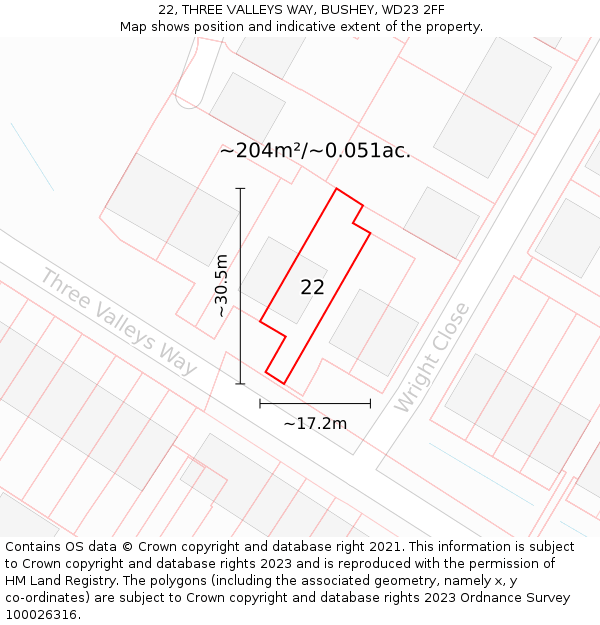 22, THREE VALLEYS WAY, BUSHEY, WD23 2FF: Plot and title map