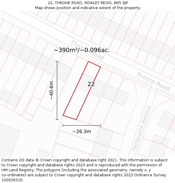 22, THRONE ROAD, ROWLEY REGIS, B65 9JP: Plot and title map