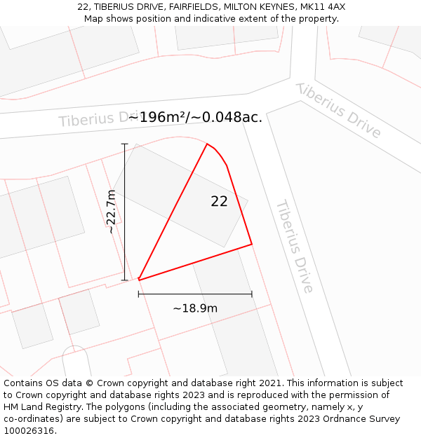 22, TIBERIUS DRIVE, FAIRFIELDS, MILTON KEYNES, MK11 4AX: Plot and title map