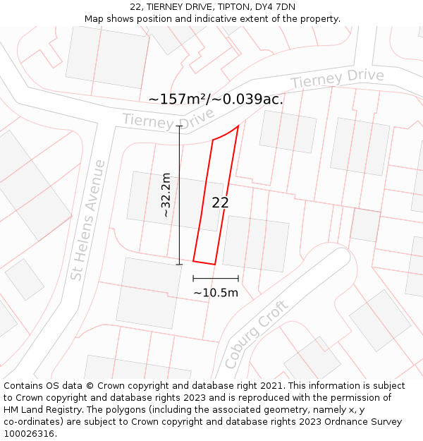 22, TIERNEY DRIVE, TIPTON, DY4 7DN: Plot and title map