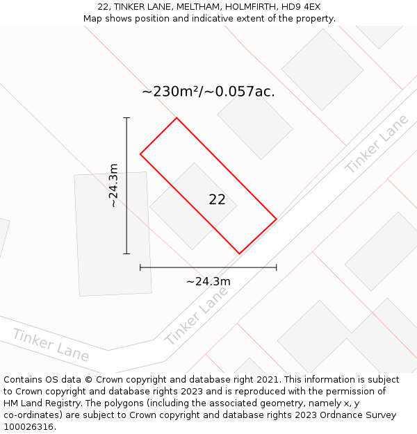 22, TINKER LANE, MELTHAM, HOLMFIRTH, HD9 4EX: Plot and title map