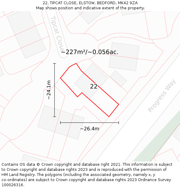 22, TIPCAT CLOSE, ELSTOW, BEDFORD, MK42 9ZA: Plot and title map