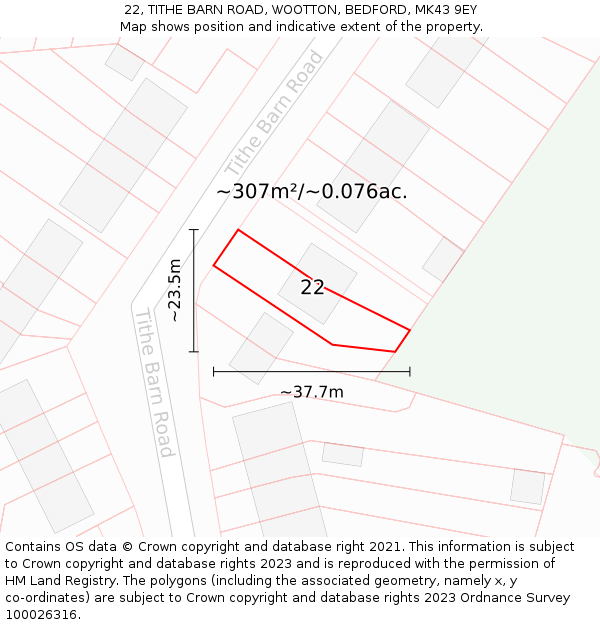 22, TITHE BARN ROAD, WOOTTON, BEDFORD, MK43 9EY: Plot and title map