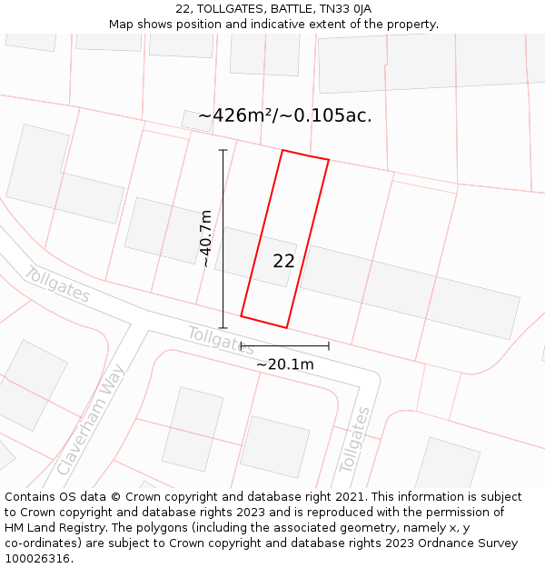 22, TOLLGATES, BATTLE, TN33 0JA: Plot and title map