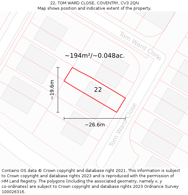 22, TOM WARD CLOSE, COVENTRY, CV3 2QN: Plot and title map