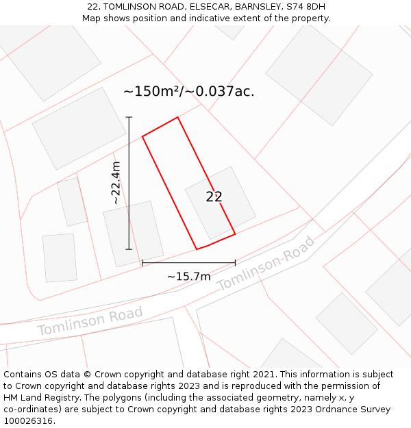22, TOMLINSON ROAD, ELSECAR, BARNSLEY, S74 8DH: Plot and title map