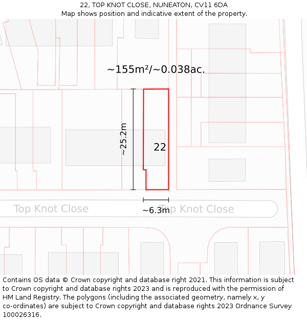 22, TOP KNOT CLOSE, NUNEATON, CV11 6DA: Plot and title map