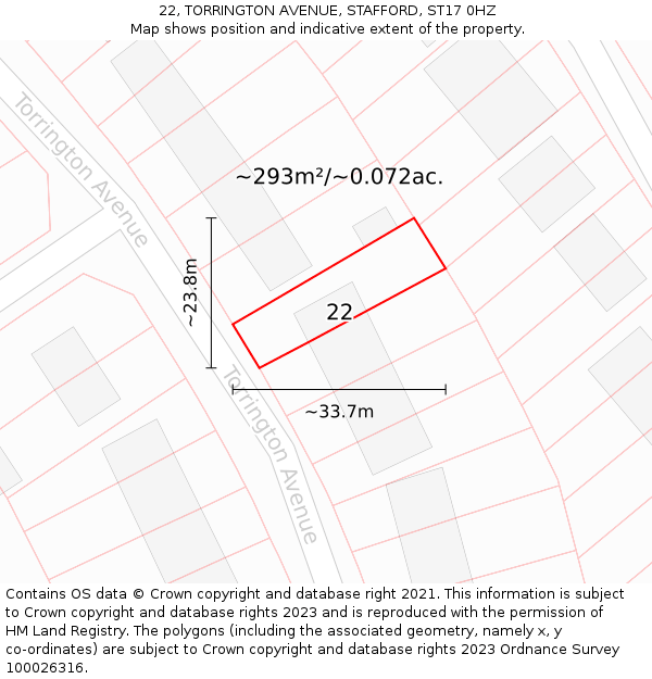 22, TORRINGTON AVENUE, STAFFORD, ST17 0HZ: Plot and title map