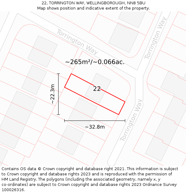 22, TORRINGTON WAY, WELLINGBOROUGH, NN8 5BU: Plot and title map