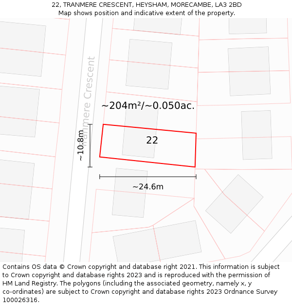 22, TRANMERE CRESCENT, HEYSHAM, MORECAMBE, LA3 2BD: Plot and title map