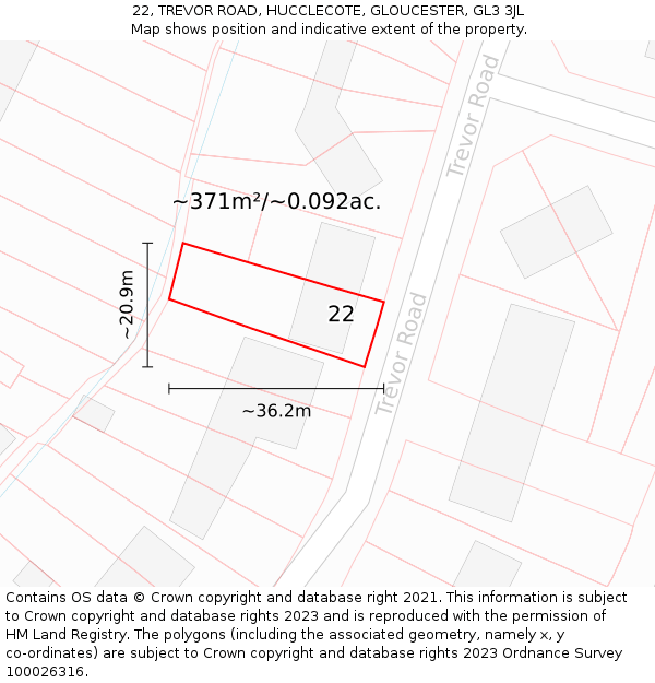22, TREVOR ROAD, HUCCLECOTE, GLOUCESTER, GL3 3JL: Plot and title map