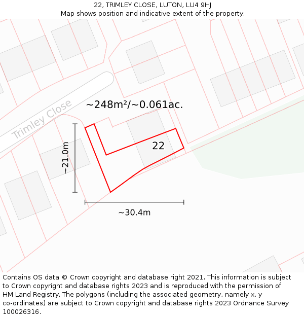 22, TRIMLEY CLOSE, LUTON, LU4 9HJ: Plot and title map
