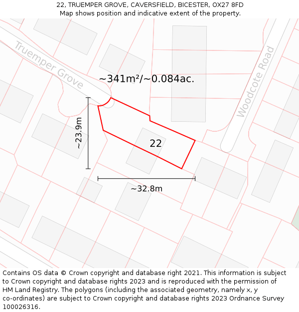 22, TRUEMPER GROVE, CAVERSFIELD, BICESTER, OX27 8FD: Plot and title map