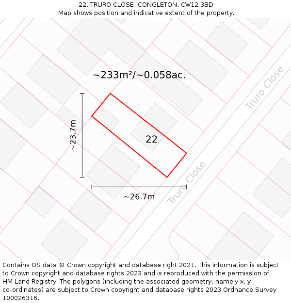 22, TRURO CLOSE, CONGLETON, CW12 3BD: Plot and title map