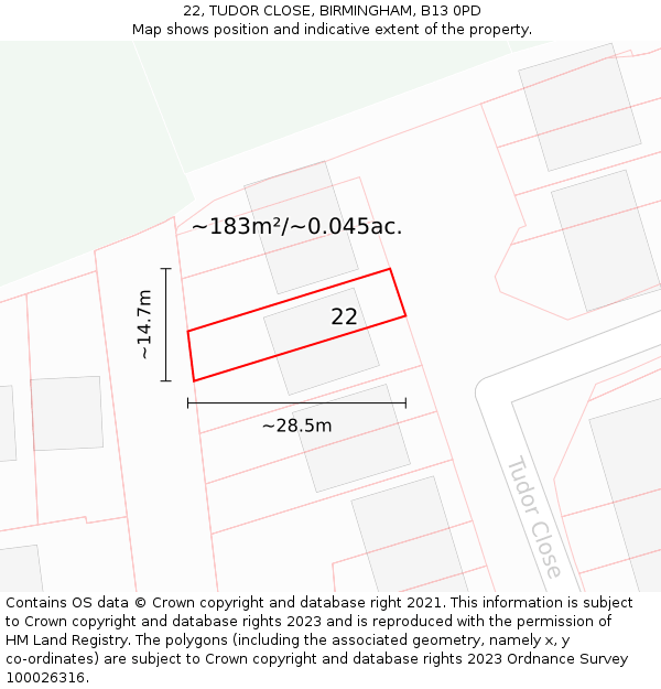 22, TUDOR CLOSE, BIRMINGHAM, B13 0PD: Plot and title map