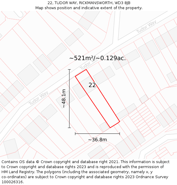 22, TUDOR WAY, RICKMANSWORTH, WD3 8JB: Plot and title map