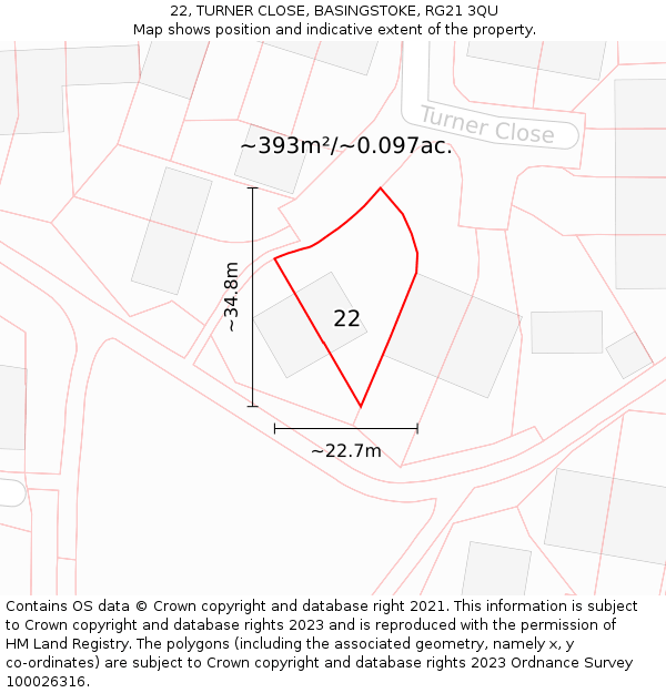 22, TURNER CLOSE, BASINGSTOKE, RG21 3QU: Plot and title map