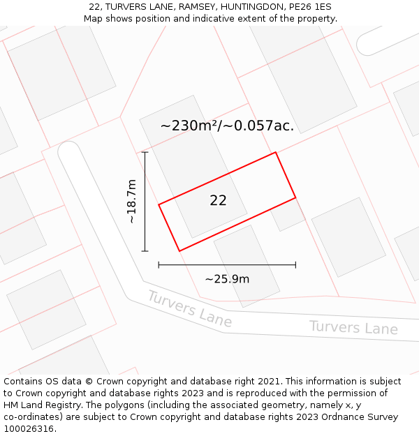 22, TURVERS LANE, RAMSEY, HUNTINGDON, PE26 1ES: Plot and title map