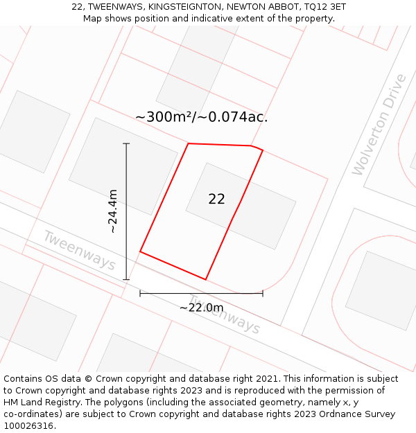 22, TWEENWAYS, KINGSTEIGNTON, NEWTON ABBOT, TQ12 3ET: Plot and title map