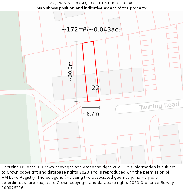 22, TWINING ROAD, COLCHESTER, CO3 9XG: Plot and title map