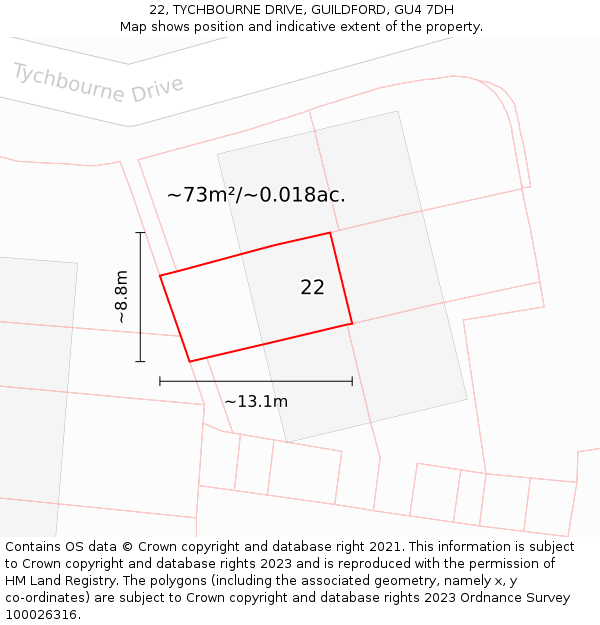 22, TYCHBOURNE DRIVE, GUILDFORD, GU4 7DH: Plot and title map