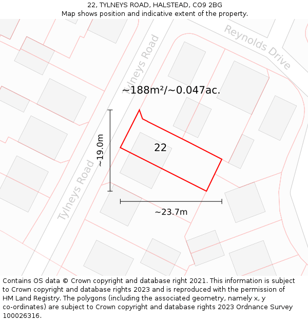 22, TYLNEYS ROAD, HALSTEAD, CO9 2BG: Plot and title map