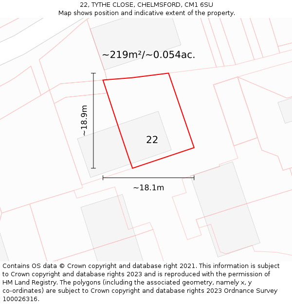 22, TYTHE CLOSE, CHELMSFORD, CM1 6SU: Plot and title map