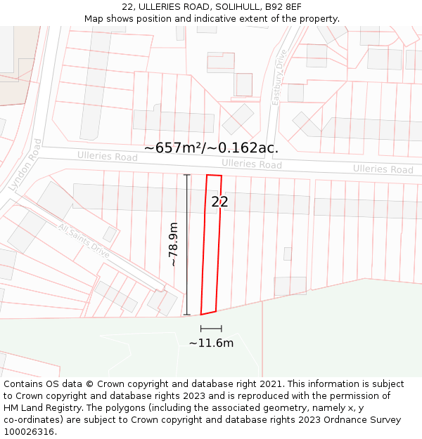 22, ULLERIES ROAD, SOLIHULL, B92 8EF: Plot and title map