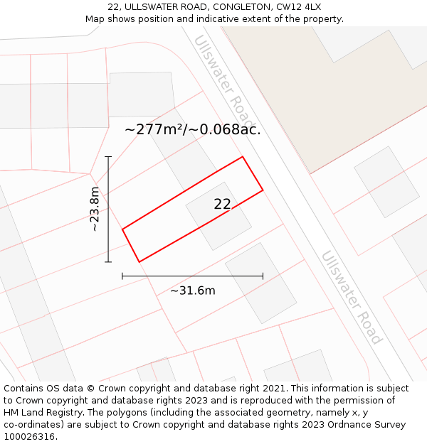 22, ULLSWATER ROAD, CONGLETON, CW12 4LX: Plot and title map