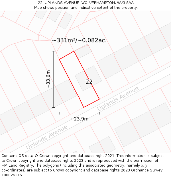 22, UPLANDS AVENUE, WOLVERHAMPTON, WV3 8AA: Plot and title map