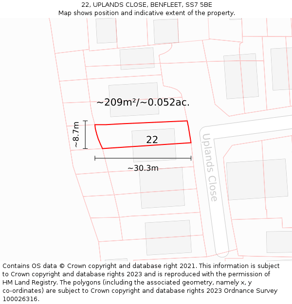 22, UPLANDS CLOSE, BENFLEET, SS7 5BE: Plot and title map